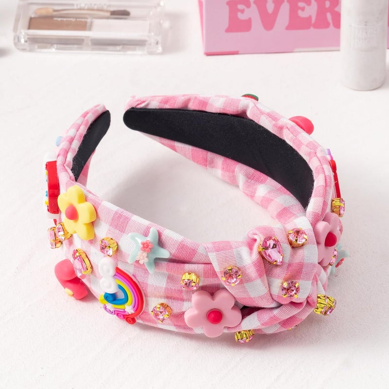 PANTIDE Floral Jeweled Knotted Headband - Rainbow Rhinestone Crystal Embellished Headband Non Slip Wide Top Knot Fashion Hairband Accessories Spring Summer Birthday Gift for Women Girls (Pink Plaid) - Image 4